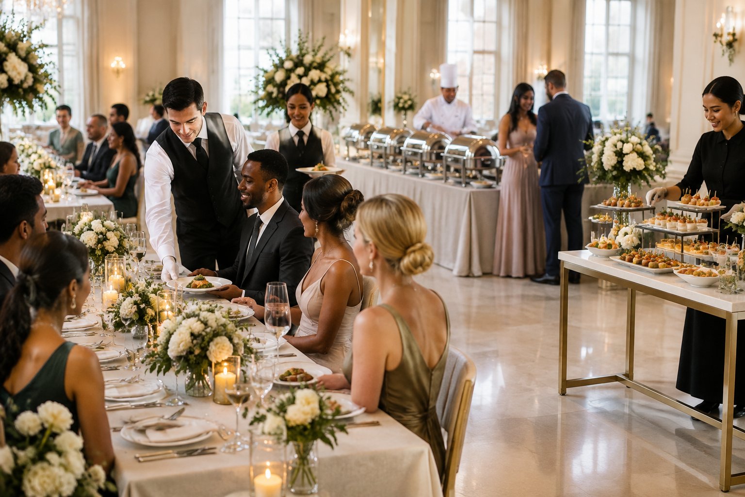 Wedding guests dine while servers present plated meals, a buffet, and appetizer stations at an elegant reception.