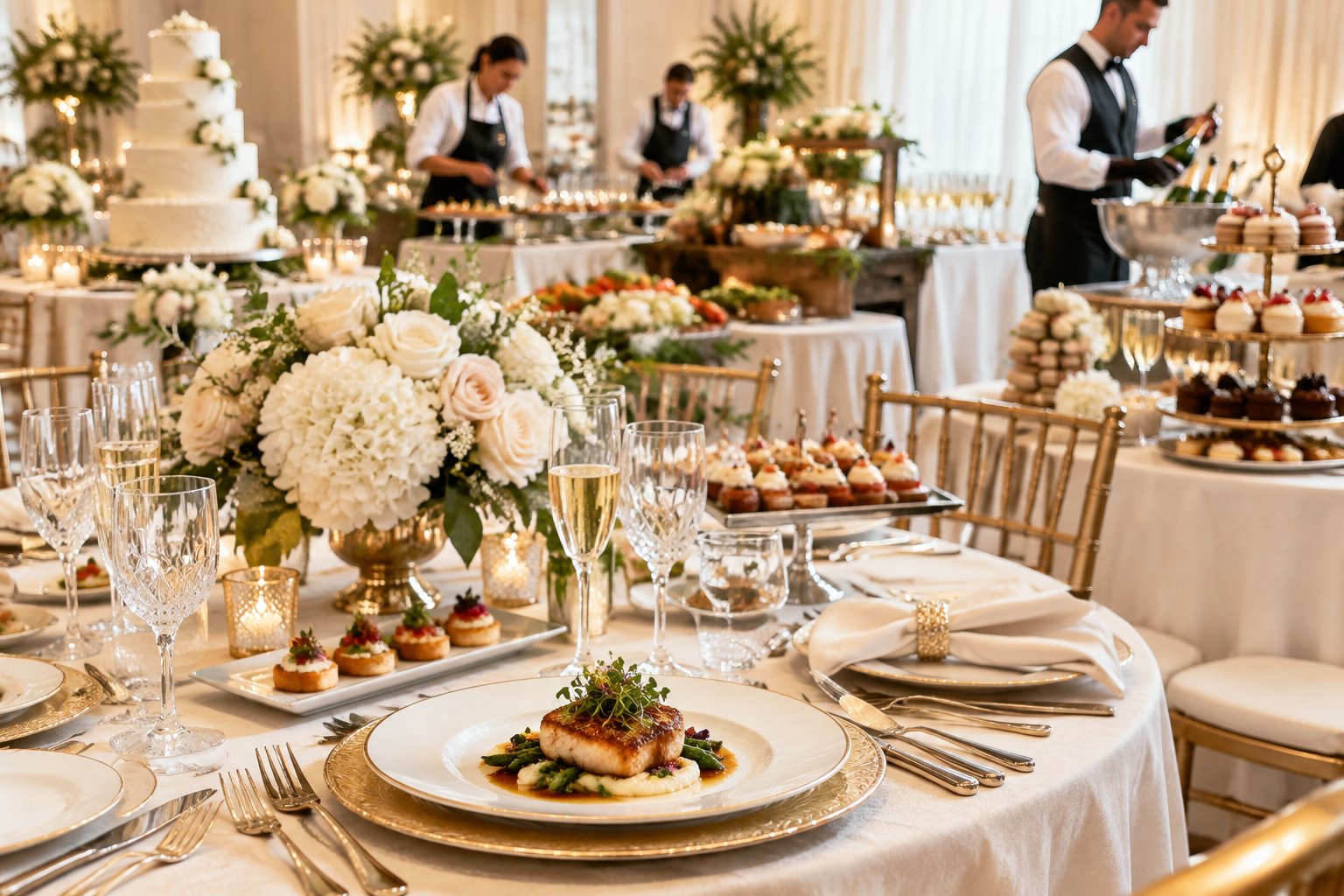 An elegant wedding reception table with gourmet food, desserts, champagne, floral decorations, and catering staff serving guests.