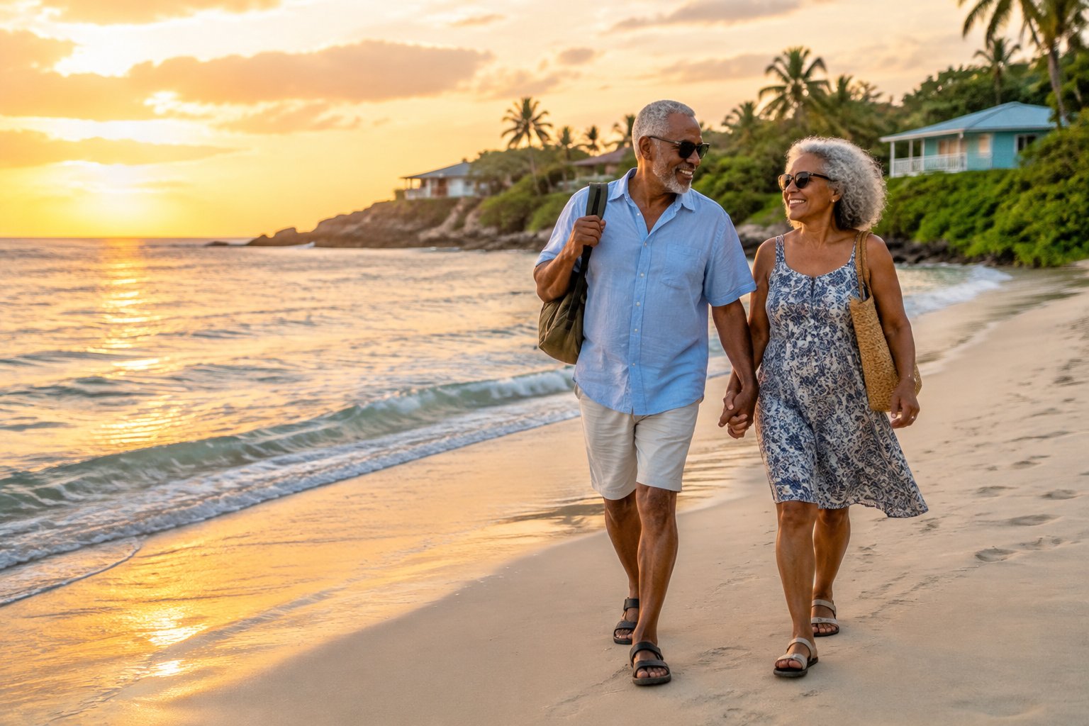 An older couple walks hand in hand along a sunny tropical beach near modest seaside accommodations.