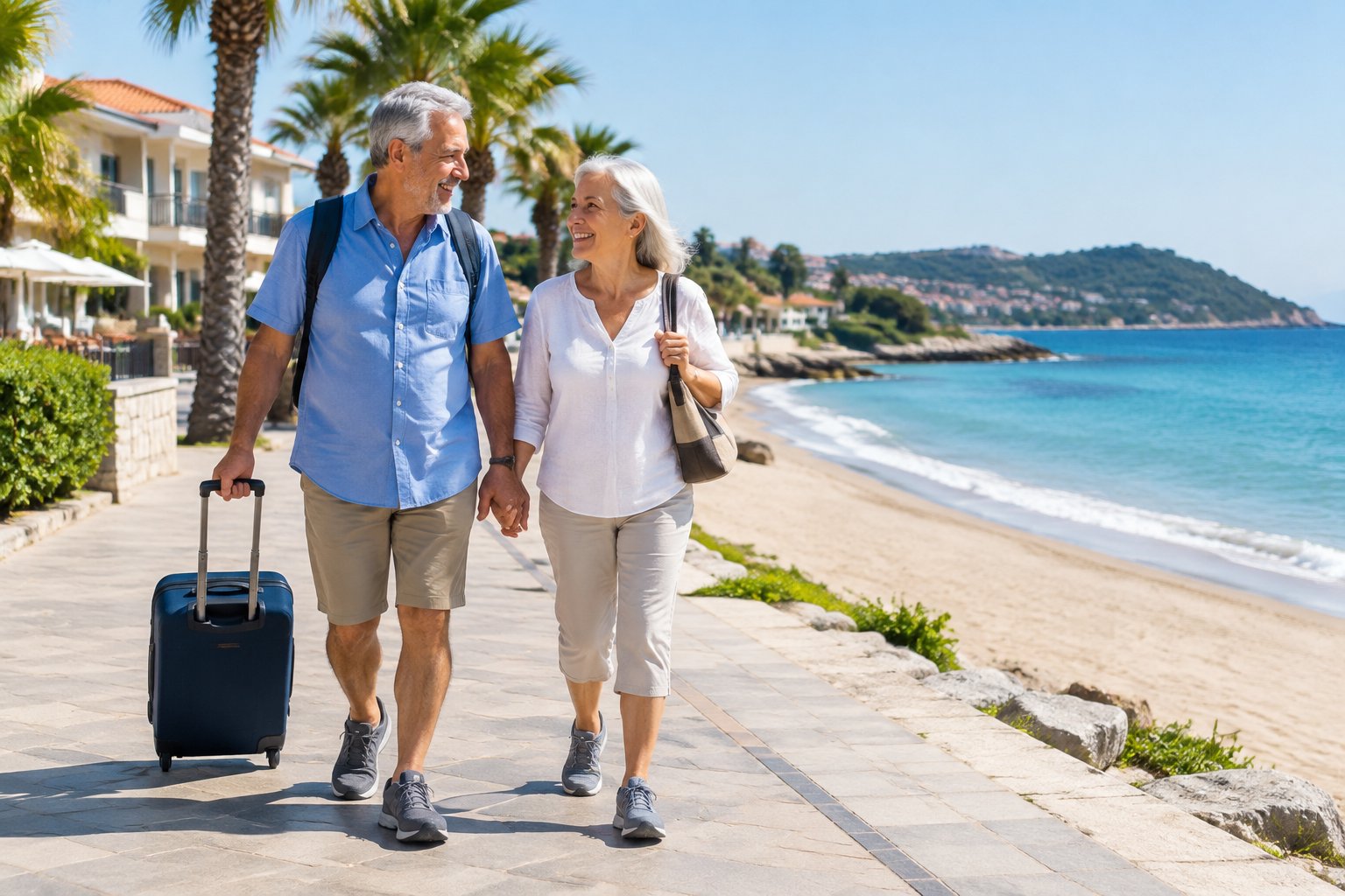 An older couple walks hand in hand along a sunny seaside promenade near a scenic beach.