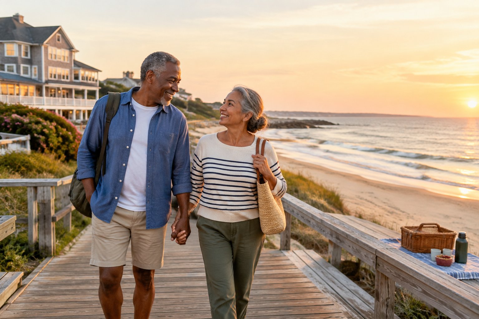 An older couple walks hand in hand along a scenic beach boardwalk at sunset.