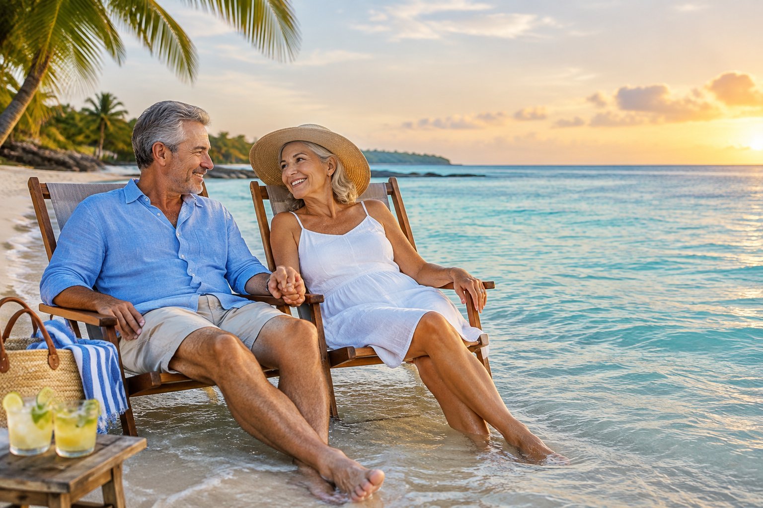 An older couple relaxes together beside turquoise water on a sunny tropical beach.
