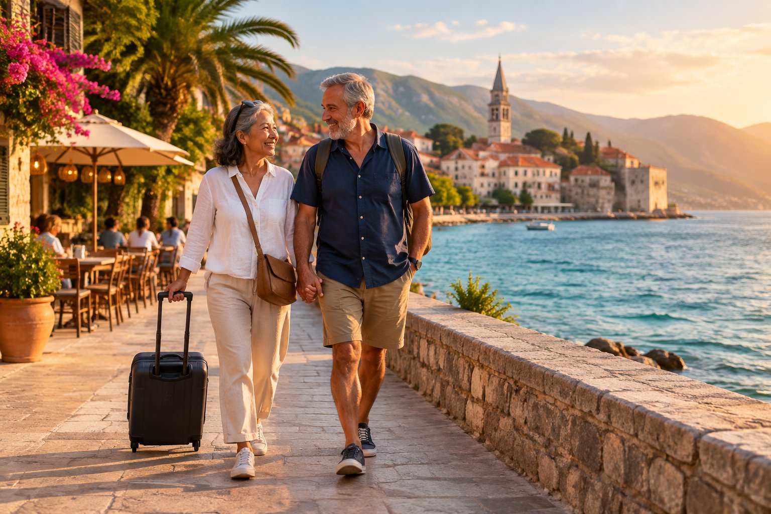 An older couple walks hand in hand along a scenic international waterfront with luggage and charming local buildings nearby.