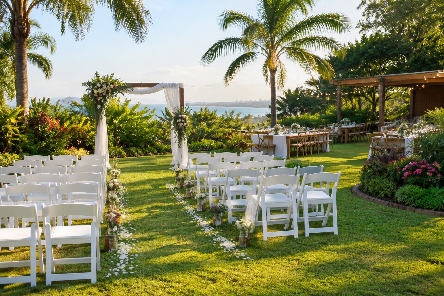 A simple outdoor wedding ceremony setup in a lush Durban garden with white chairs, a floral arch, and a reception area.