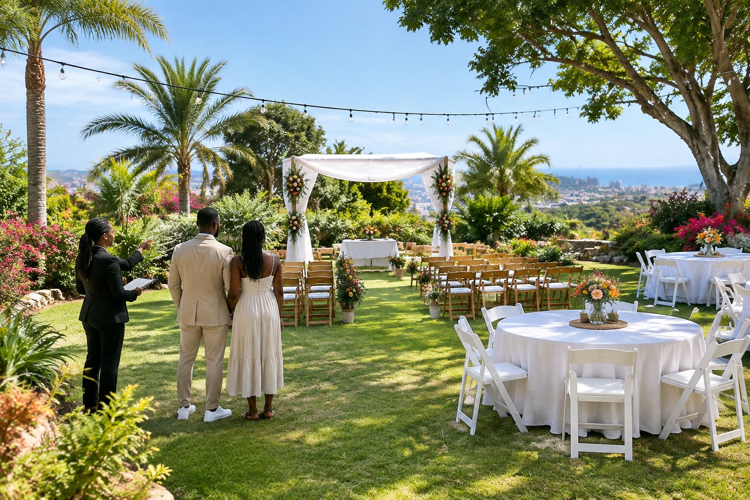 A modest Durban garden wedding venue with simple chairs, seasonal flowers, and a small outdoor reception setup.