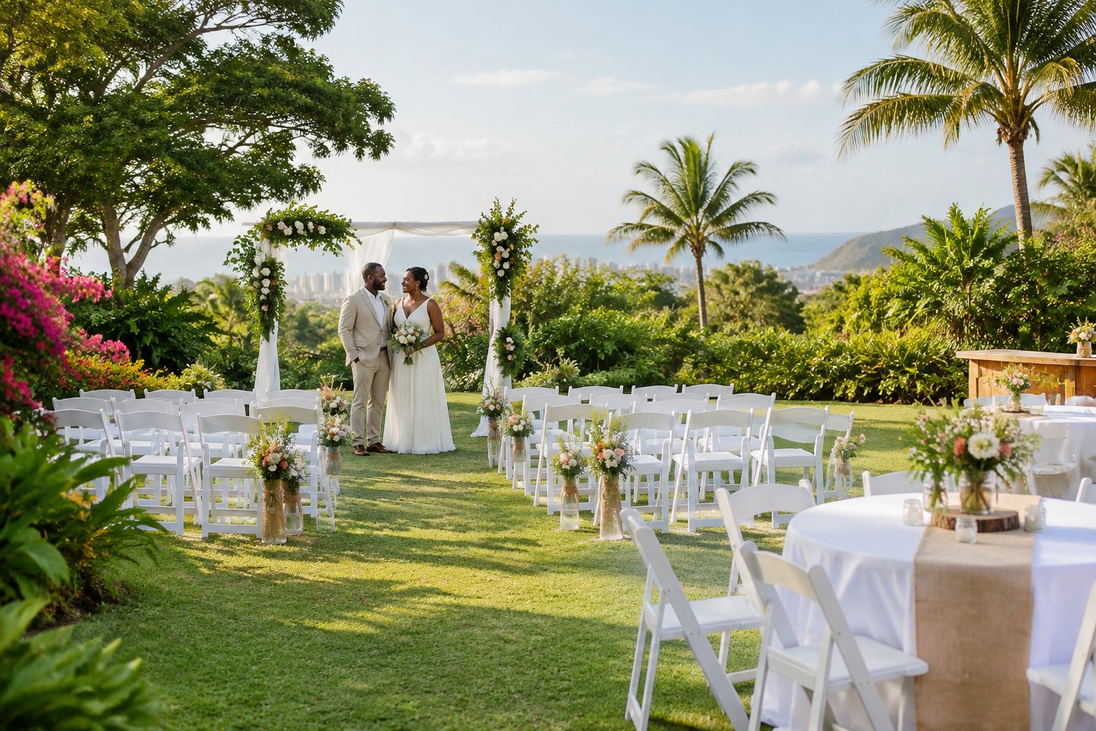 A couple stands beside a simple wedding ceremony setup in a lush Durban garden.