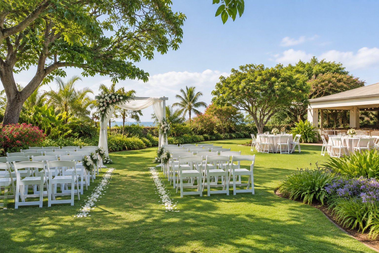 A lush garden wedding venue with a flower-decorated arch, white chairs, and reception tables.