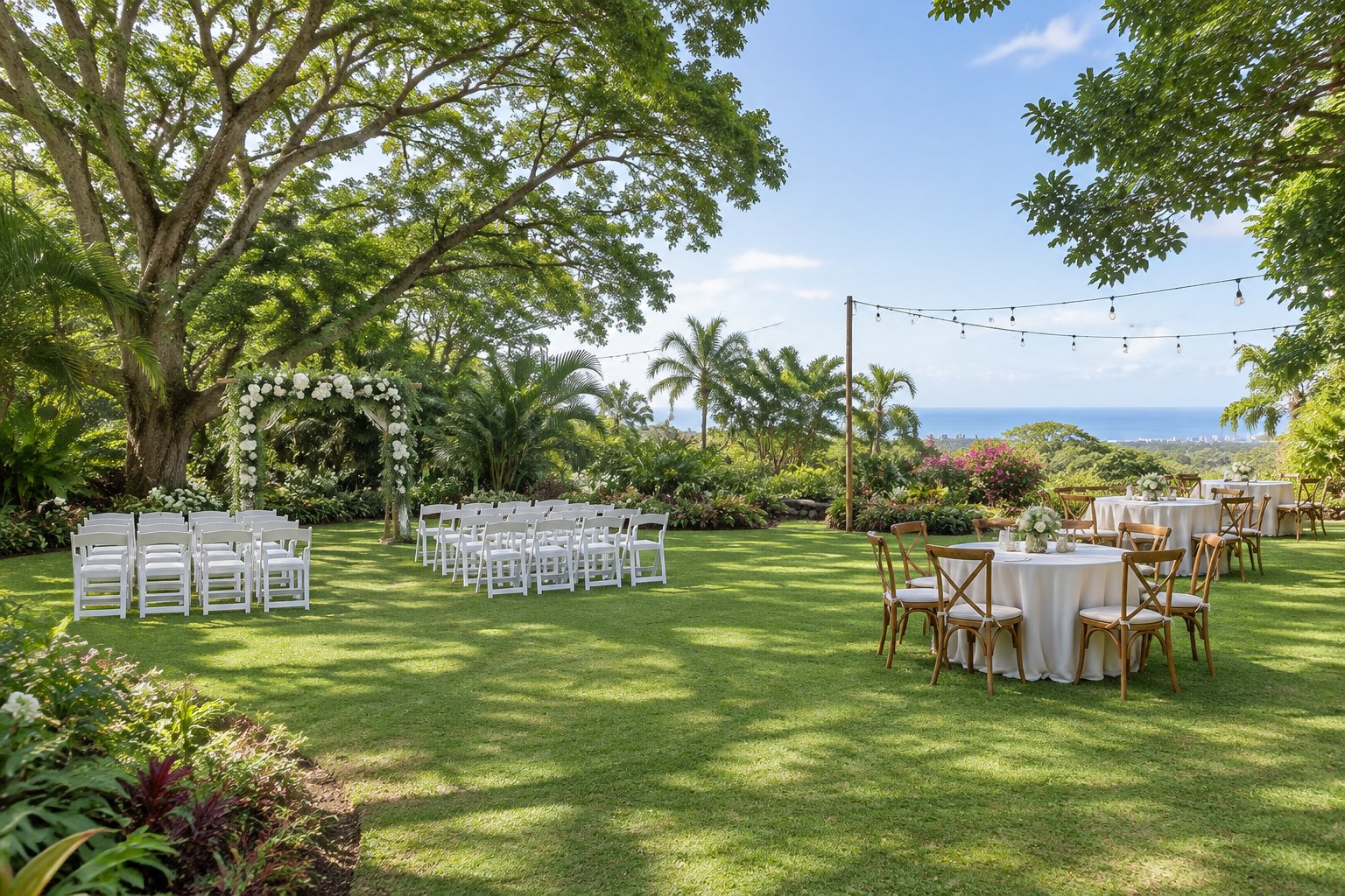 A modest outdoor wedding setup in a lush Durban garden with white chairs, floral decorations, and reception tables.