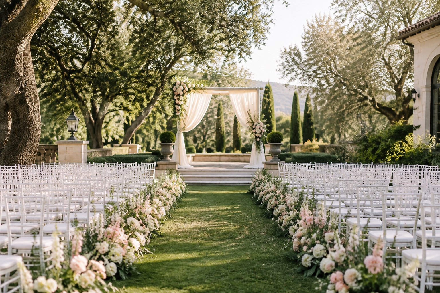 An elegant garden wedding ceremony setup with a flower-lined aisle, white chairs, and a decorated arbor.