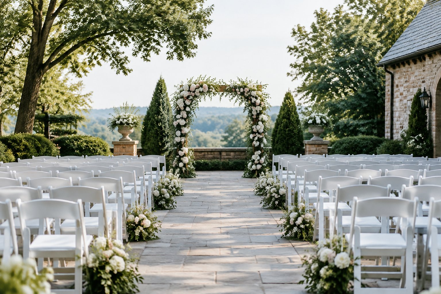 An elegant outdoor wedding ceremony setup with white chairs, a floral arch, and a garden backdrop.