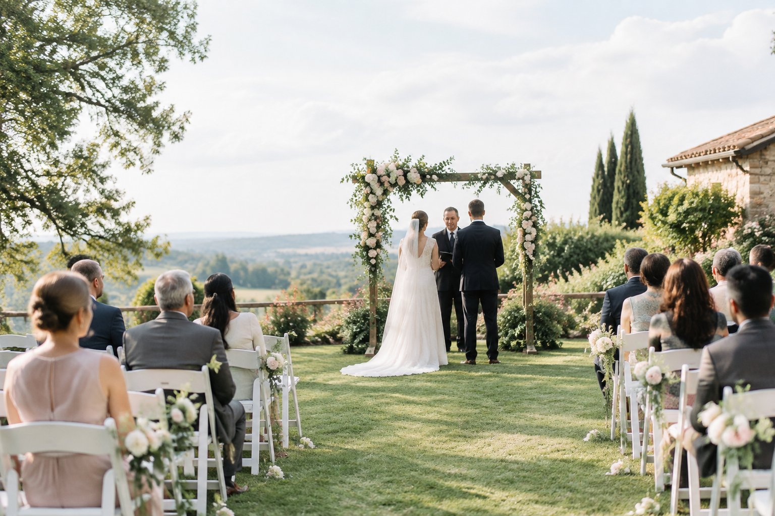 An outdoor wedding ceremony setup with white chairs, a floral arch, and guests in a garden venue.