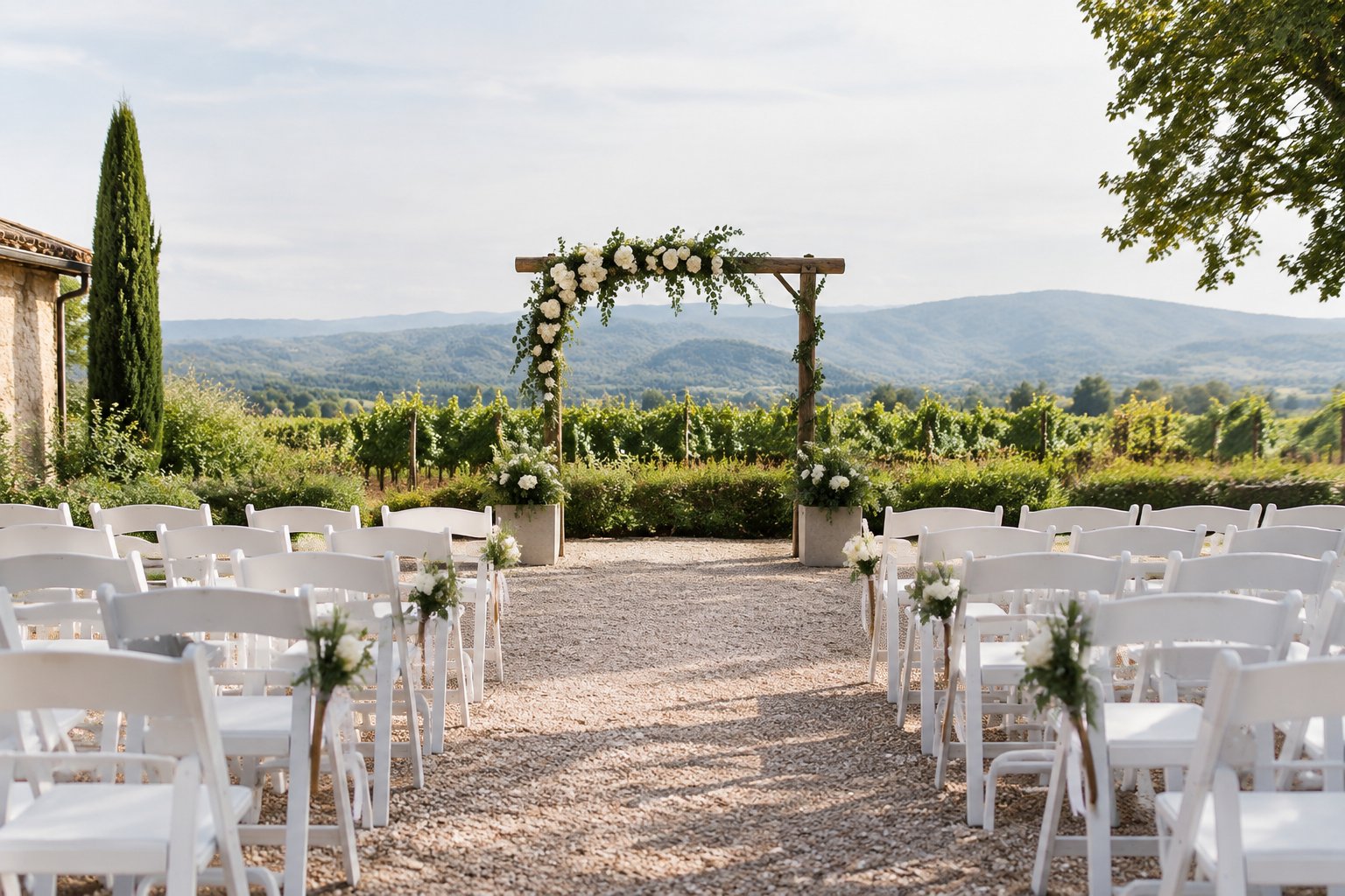 An elegant outdoor wedding ceremony setup with white chairs, a floral arch, and a central aisle.