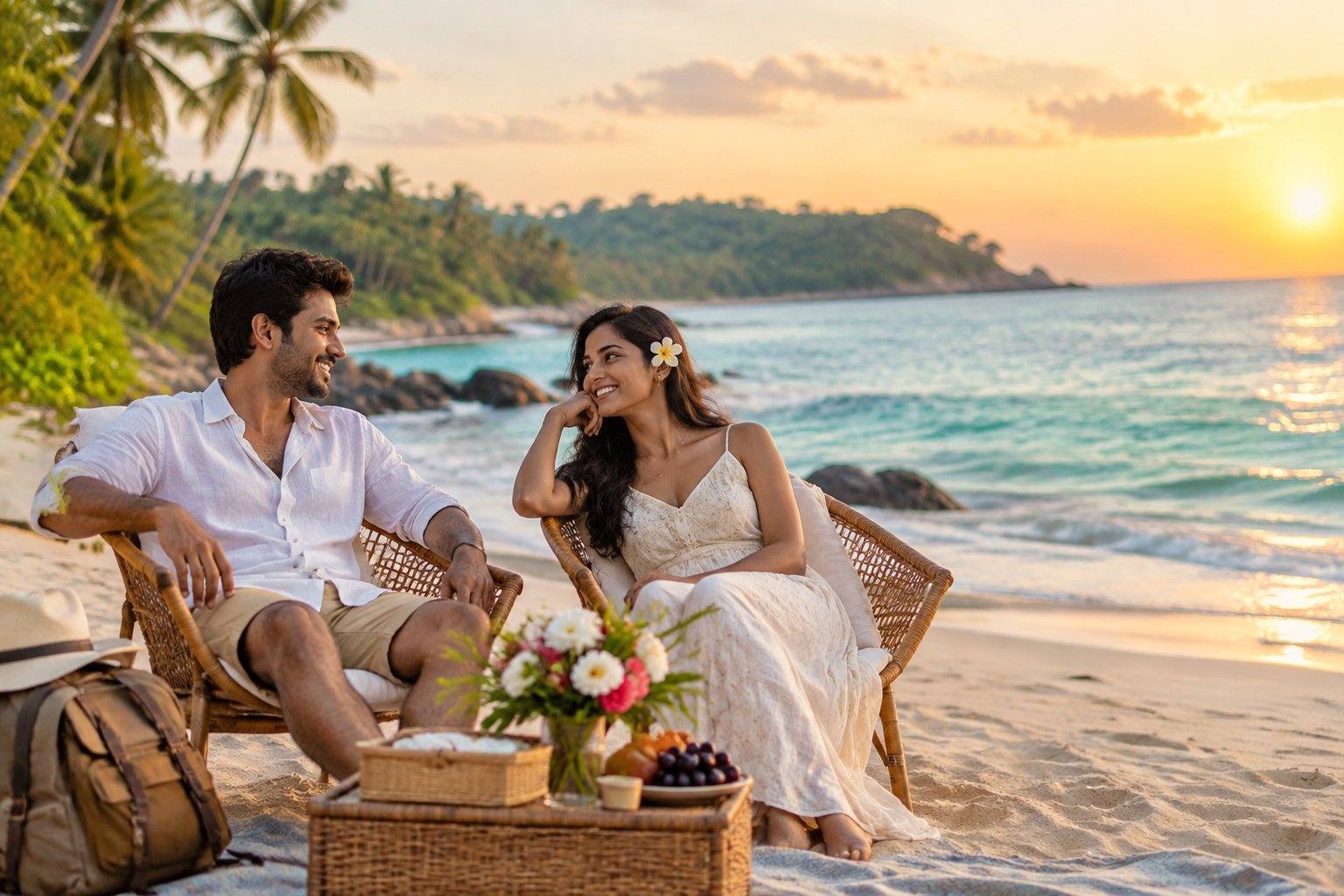 A newlywed Indian couple relaxing together on a sunny tropical beach with turquoise water and palm trees.
