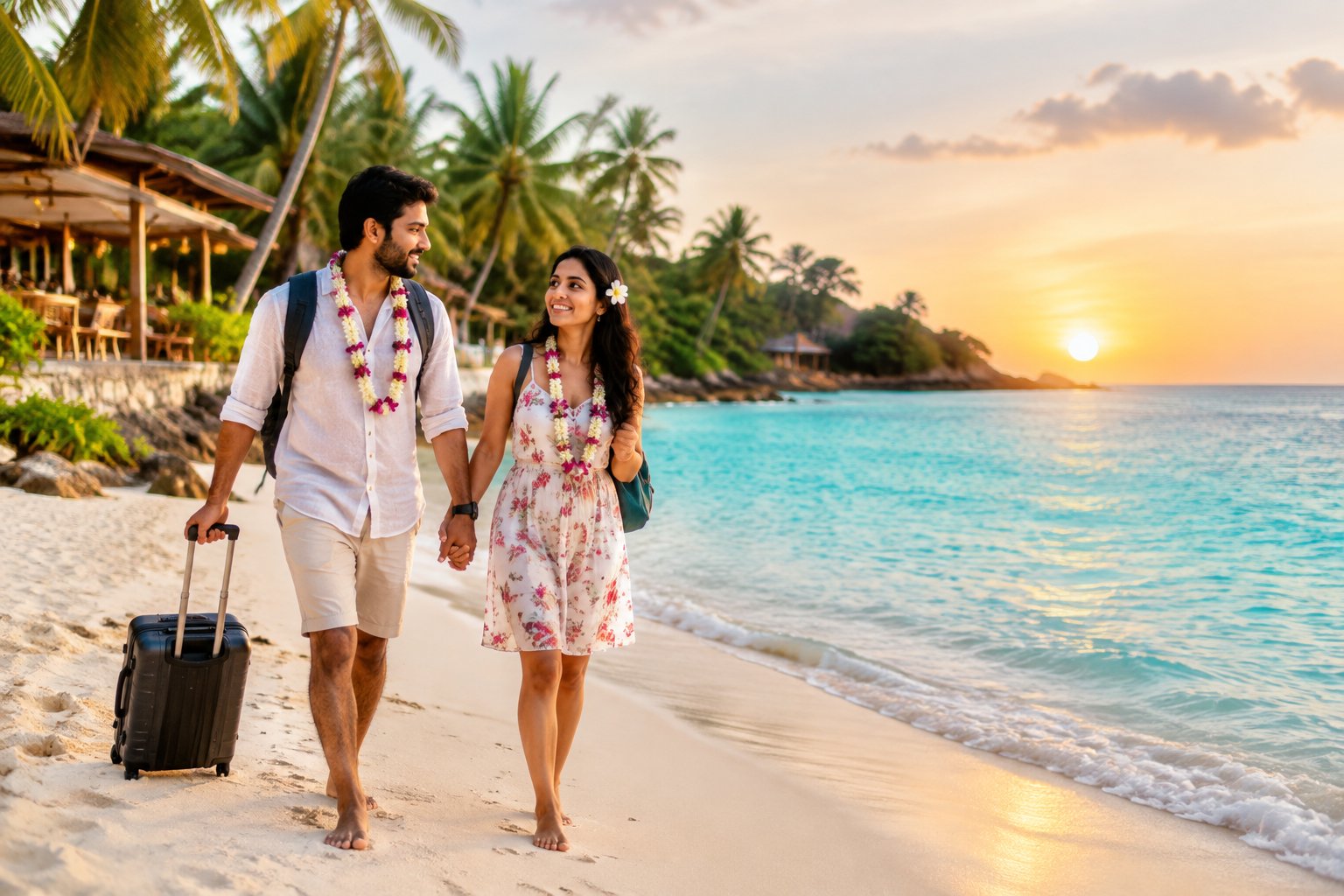 A newlywed Indian couple walks hand in hand along a tropical beach with travel bags.