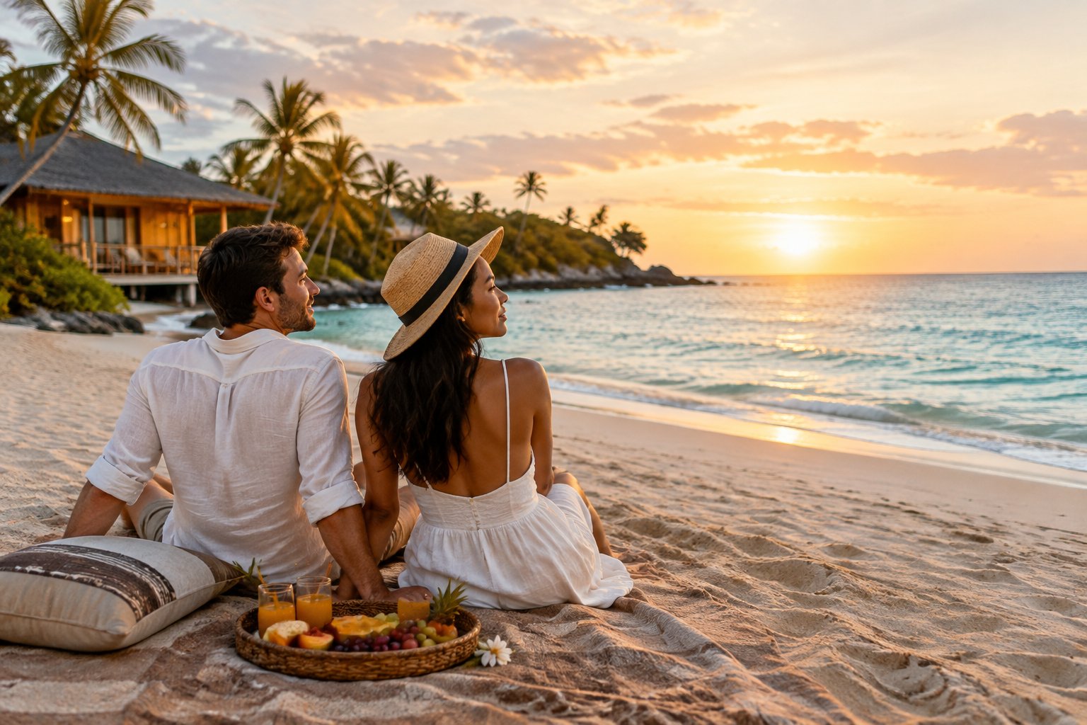 A newlywed couple holding hands on an affordable tropical beach beside a simple beachfront accommodation.
