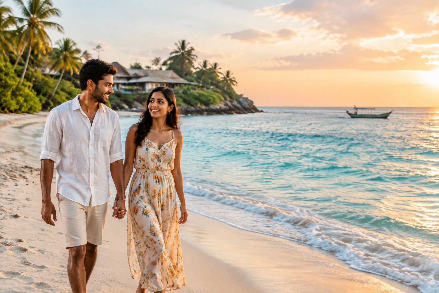 A newlywed Indian couple walks hand in hand along a tropical beach at sunset.