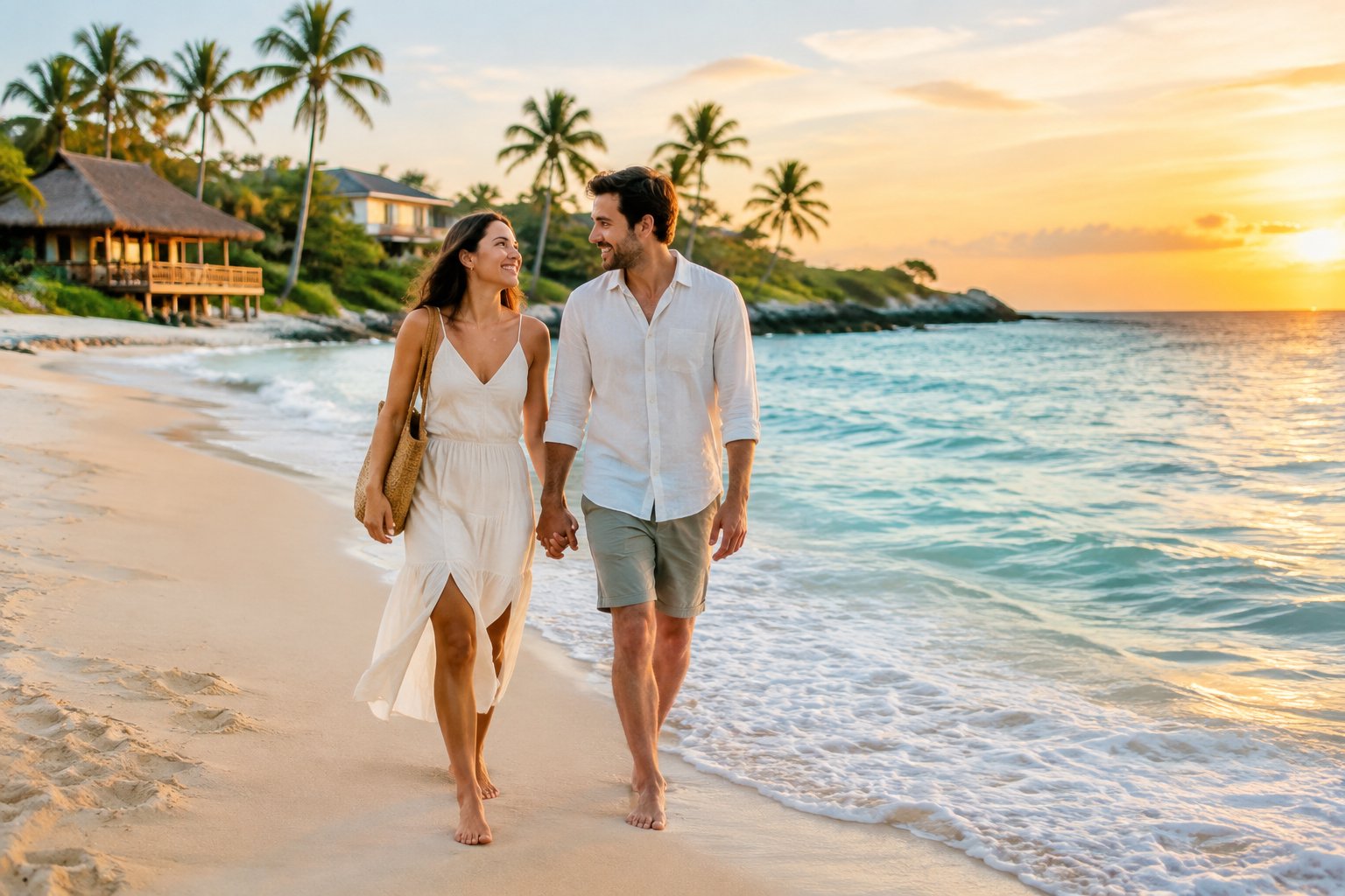 A newlywed couple relaxing together on an affordable tropical beach near a small beachfront guesthouse.