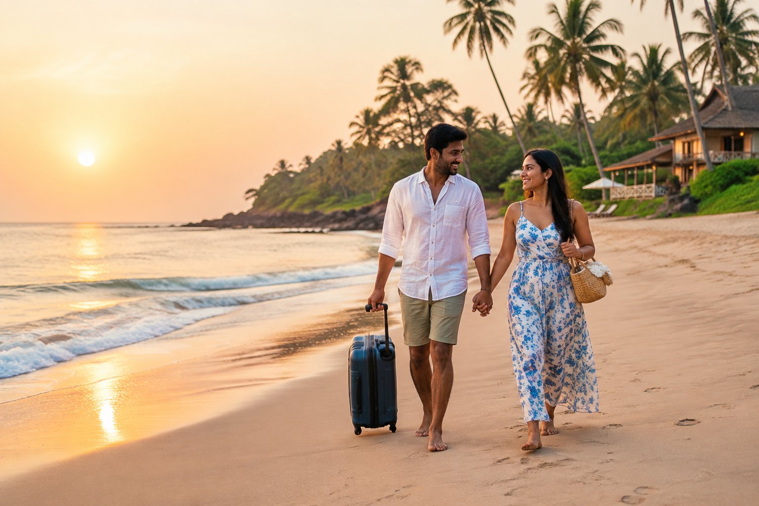 A newlywed Indian couple walks hand in hand along a tropical beach near a simple coastal guesthouse.