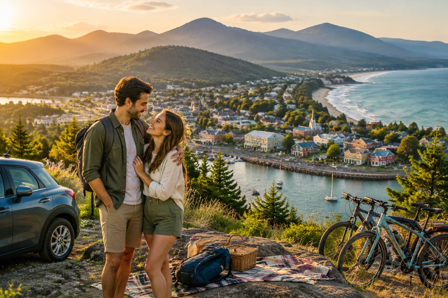 A newlywed couple overlooks a coastal town with a beach, mountains, and historic buildings.