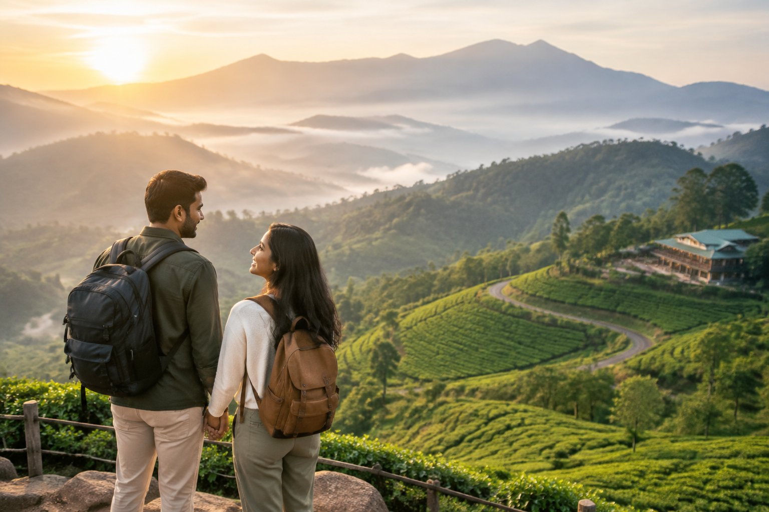 A South Asian couple overlooks lush mountain plantations from a peaceful hillside retreat.