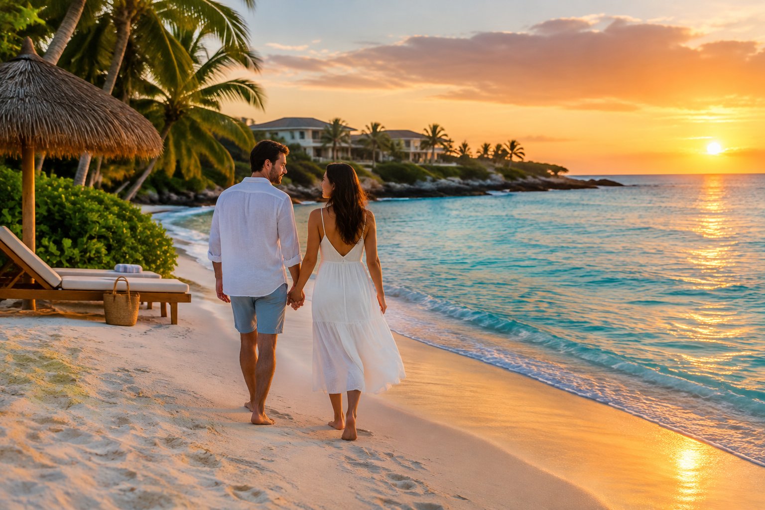 Newlywed couple walking along a tropical beach beside turquoise water at sunset.