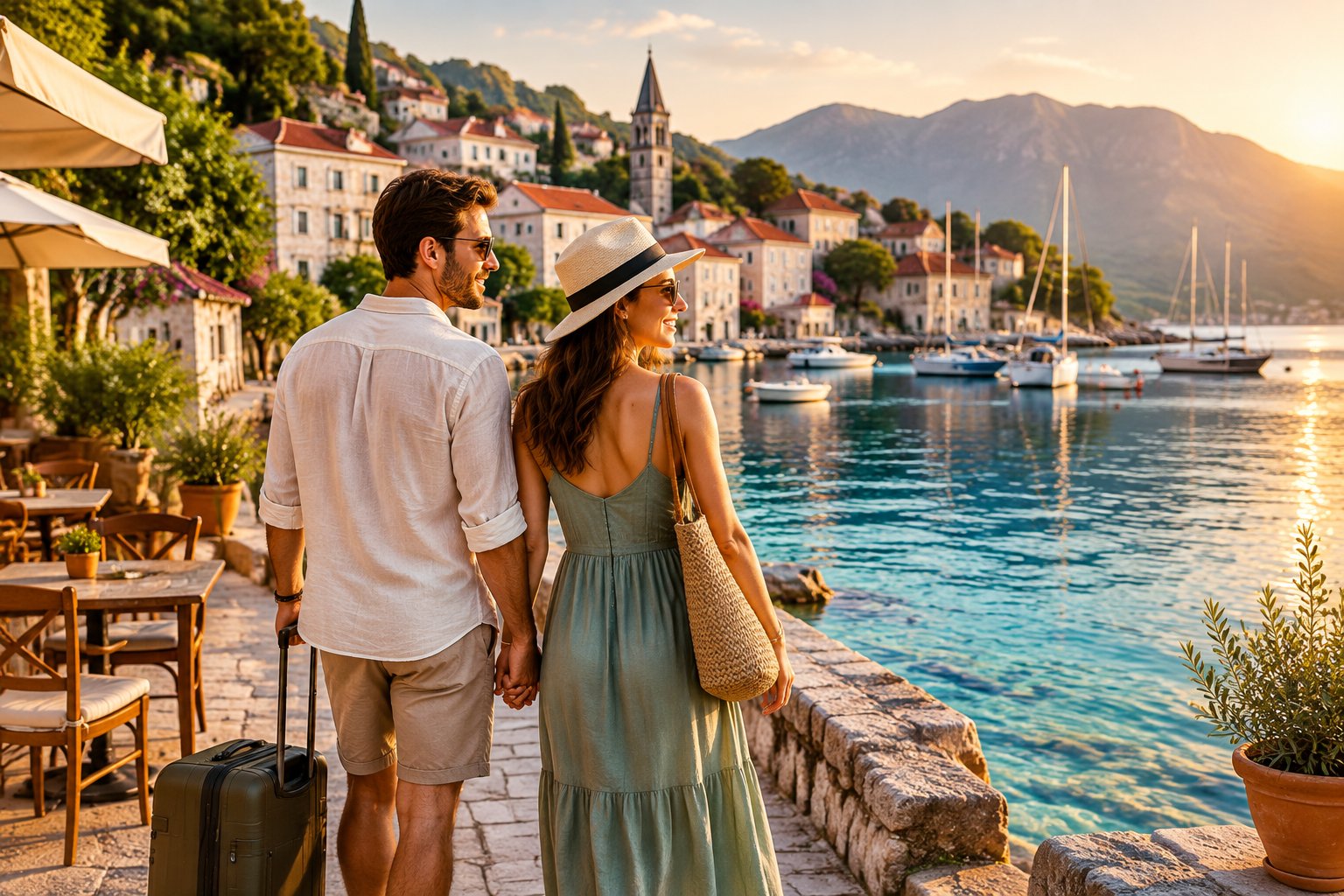 A newlywed couple holds hands on a scenic European waterfront overlooking a turquoise sea and sailboats.