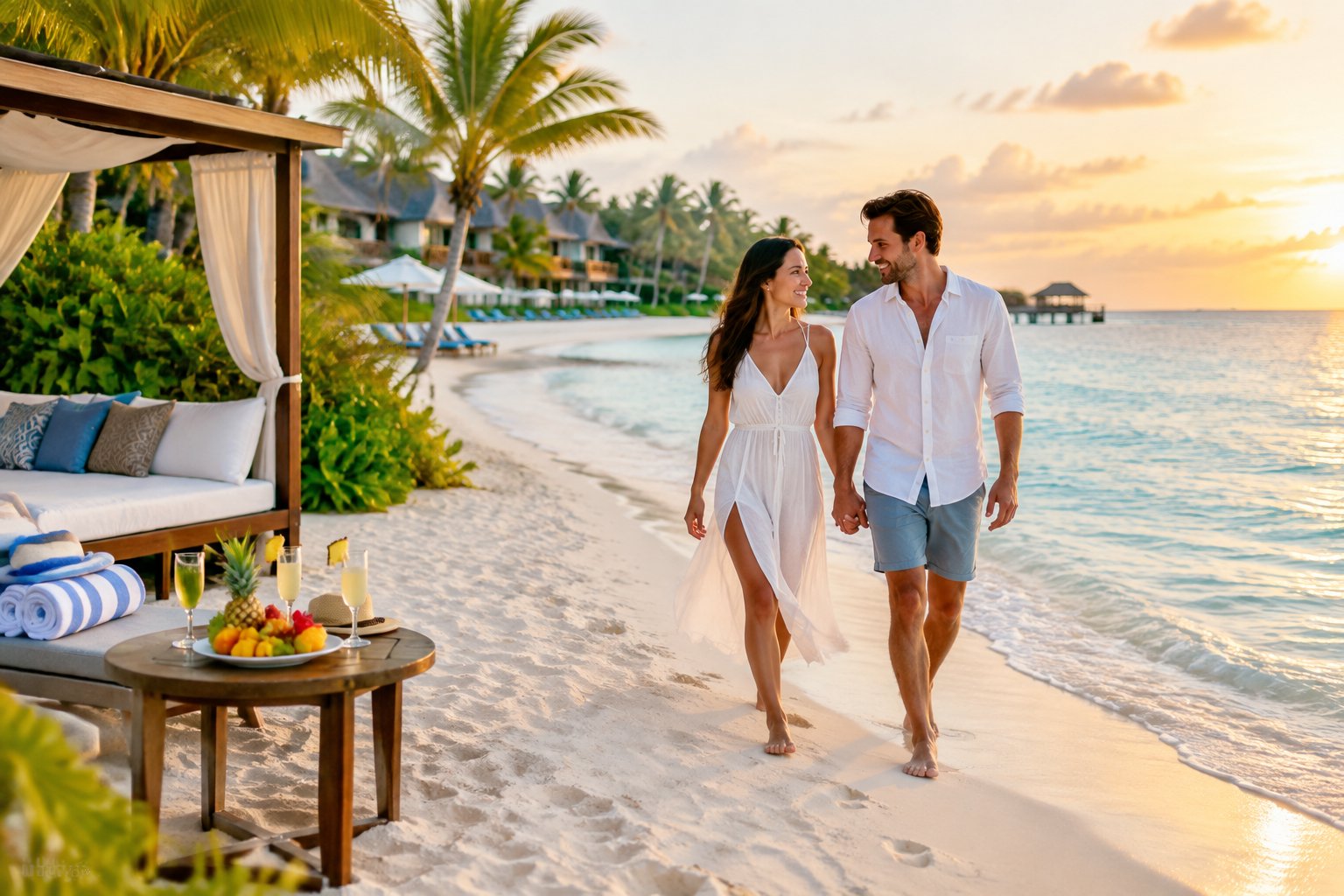 A newlywed couple walks hand in hand along a tropical Caribbean beach near a welcoming resort.