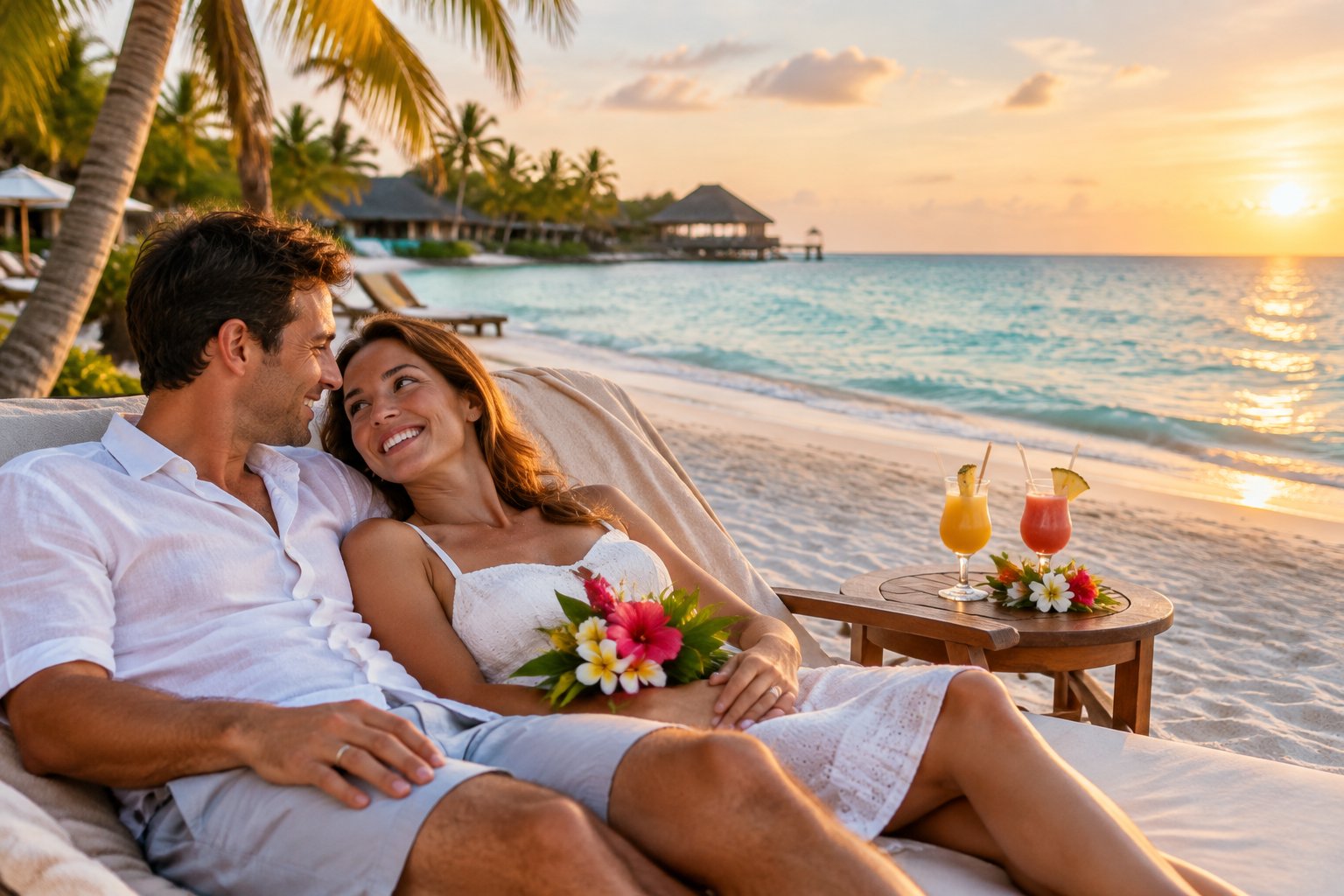 A newlywed couple relaxes together on a tropical beach beside an all-inclusive resort.