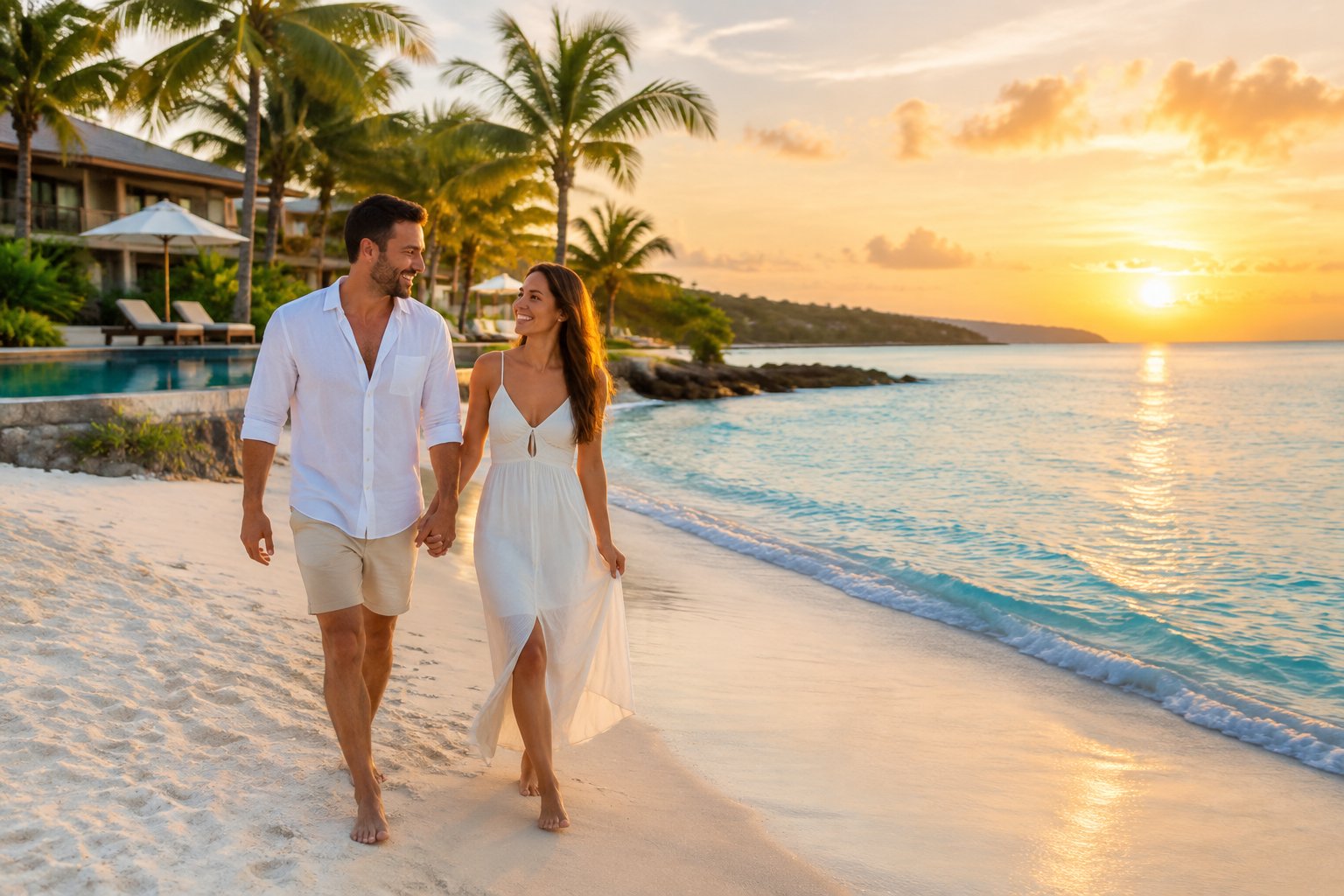 A newlywed couple walks hand in hand along a tropical Caribbean beach near an all-inclusive resort.