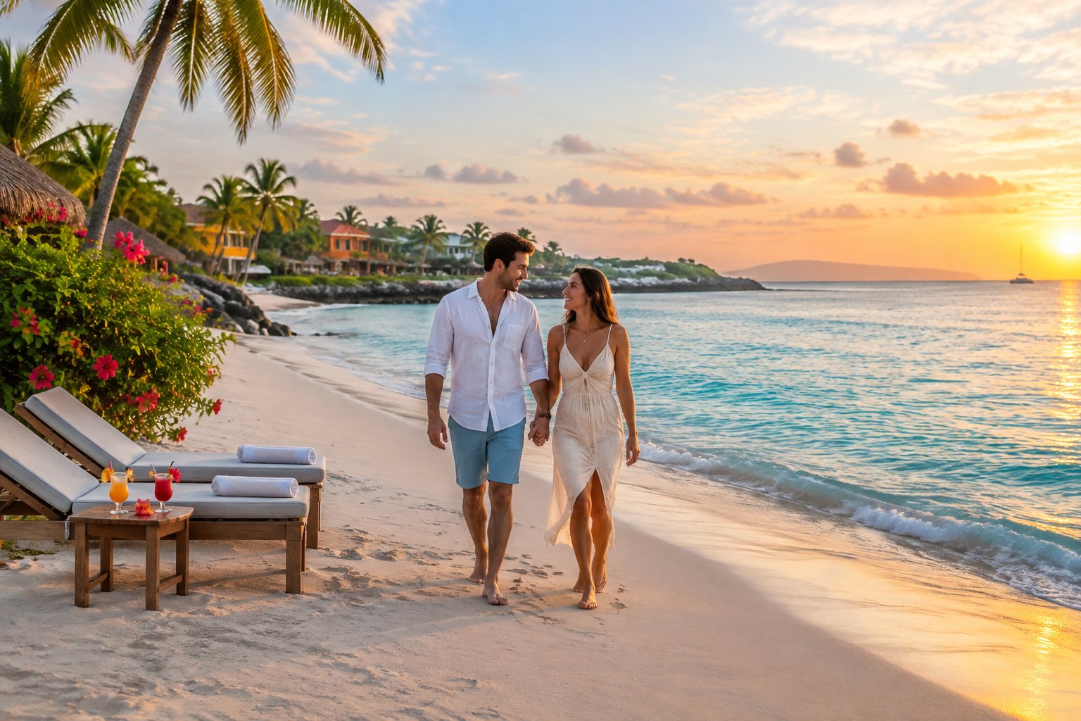 A newlywed couple walks along a tropical beach beside an all-inclusive resort in Mexico or Central America.