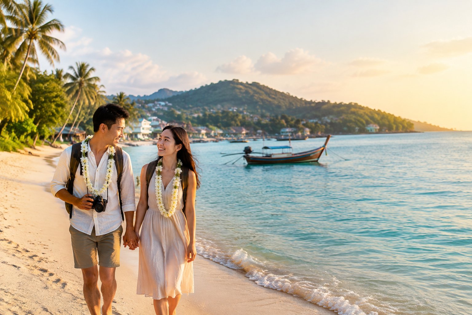 A newlywed couple walks hand in hand along a tropical beach in Southeast Asia.