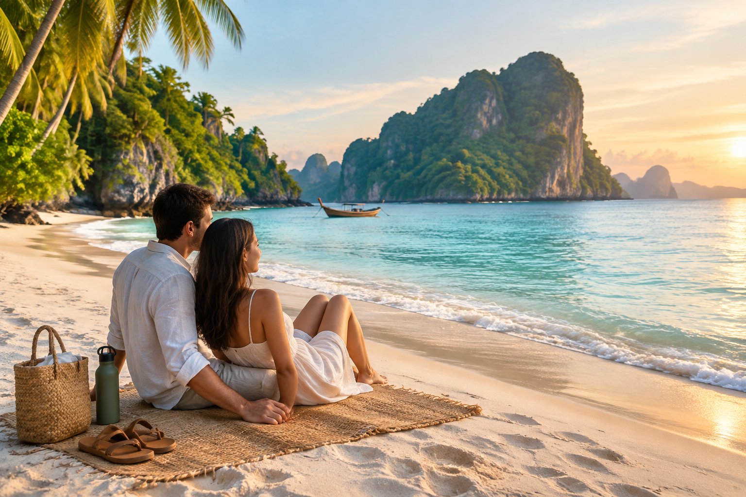 A newlywed couple relaxes together on a quiet tropical beach with turquoise water, palm trees, and a green island in the distance.