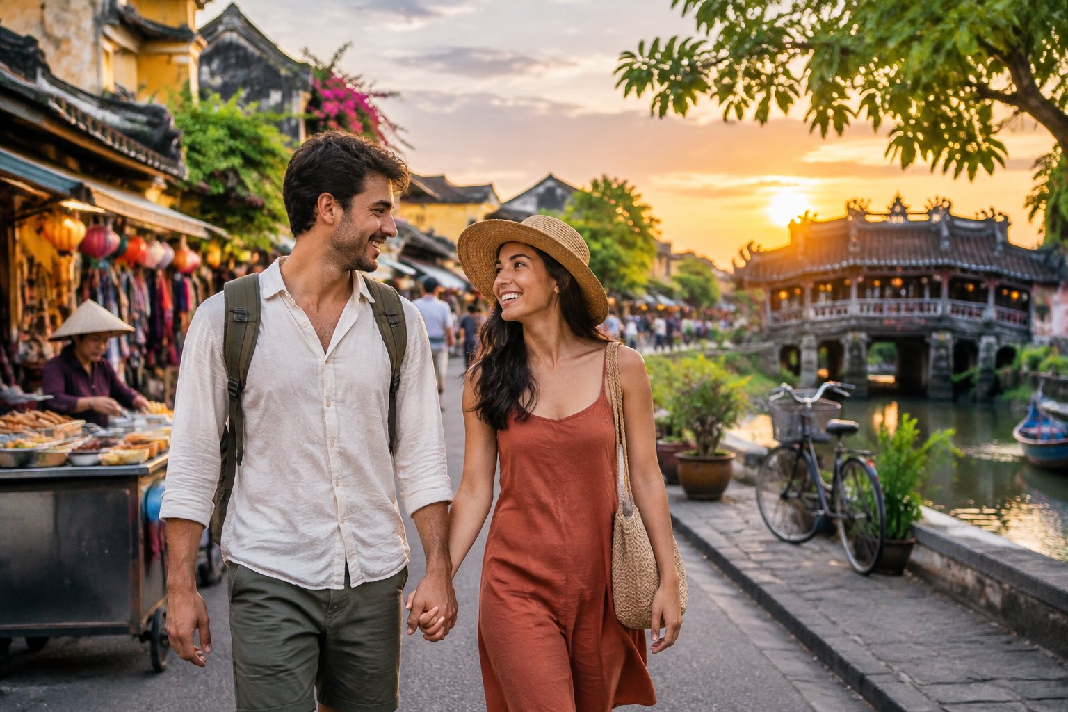 A newlywed couple walks hand in hand through a colorful Asian market street at sunset.
