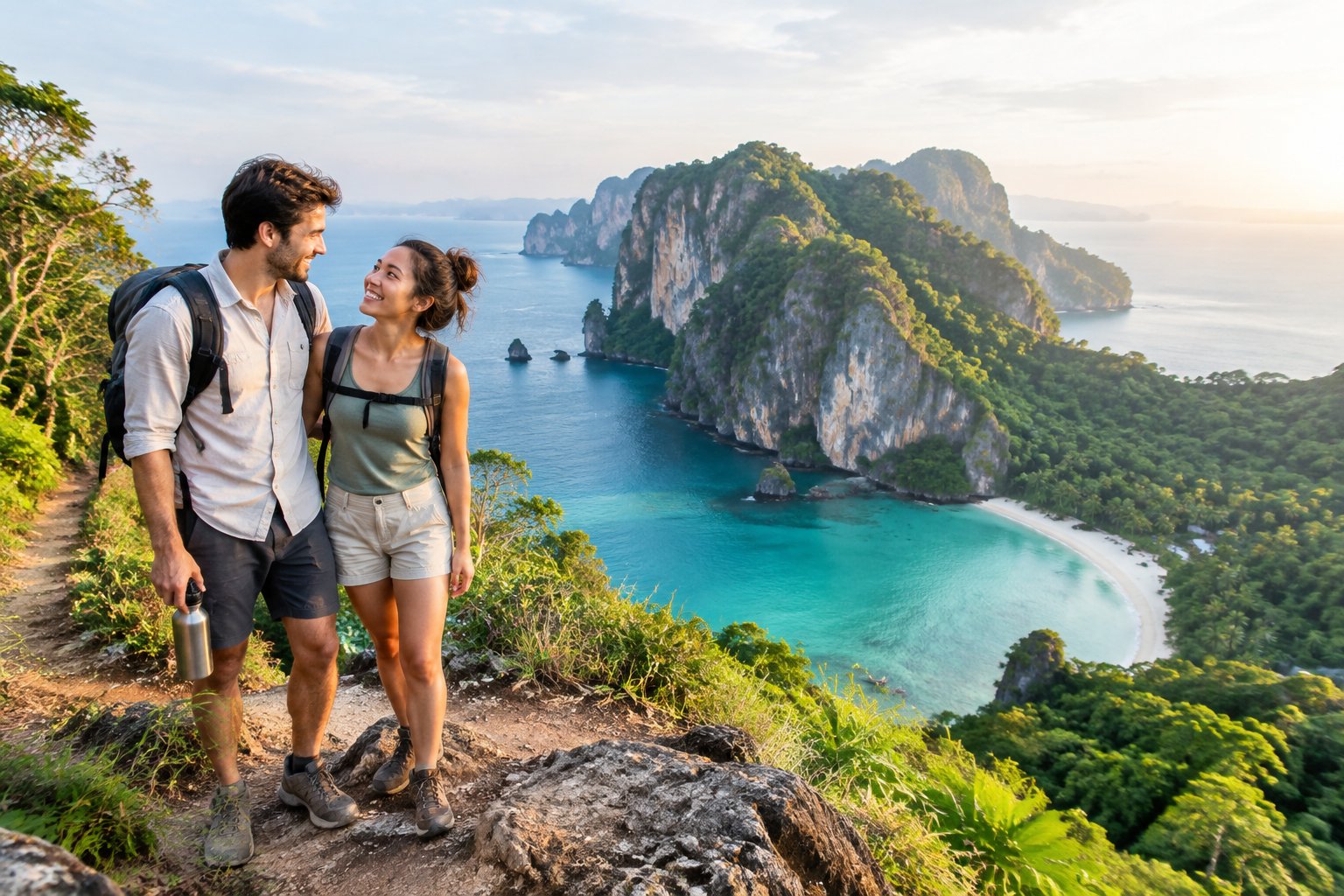 A couple hikes above a turquoise tropical bay surrounded by jungle and limestone cliffs.