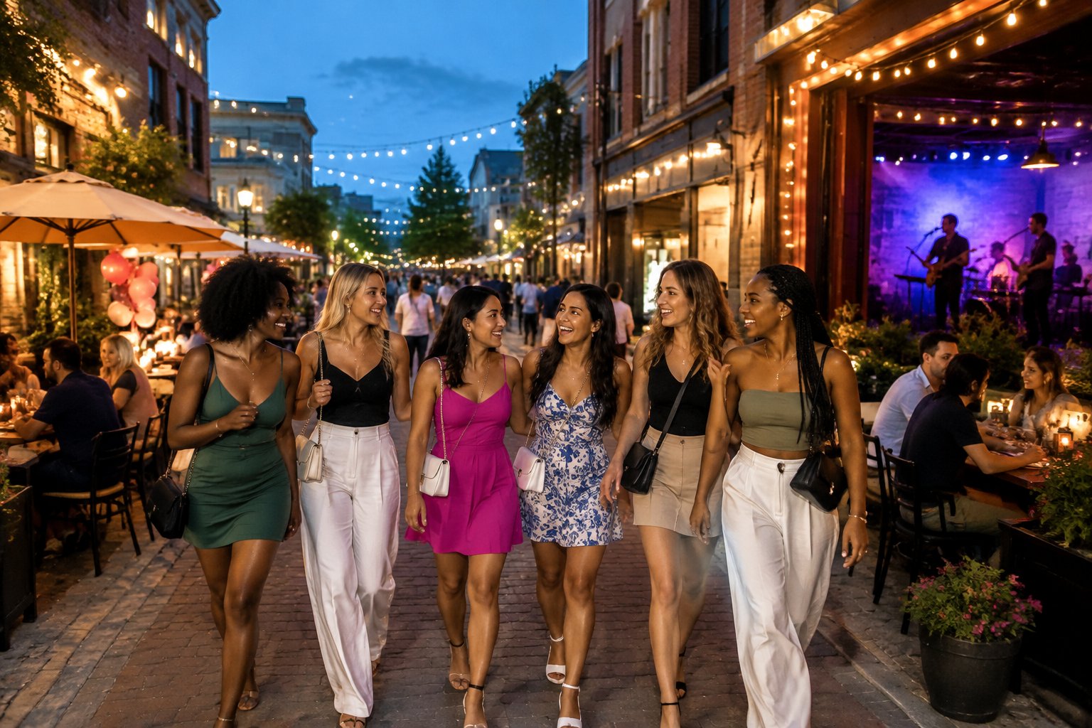 A group of friends enjoys an evening walk through a lively street with restaurants, music, and nightlife.