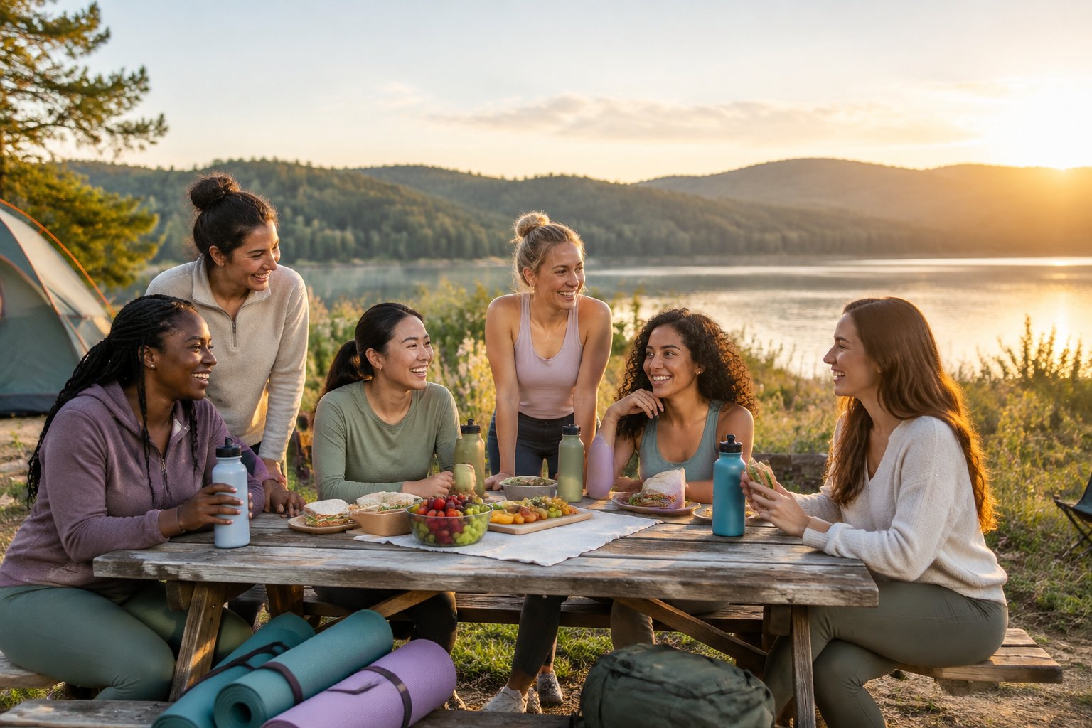 A diverse group of women enjoys a casual lakeside picnic and wellness getaway at a campsite.