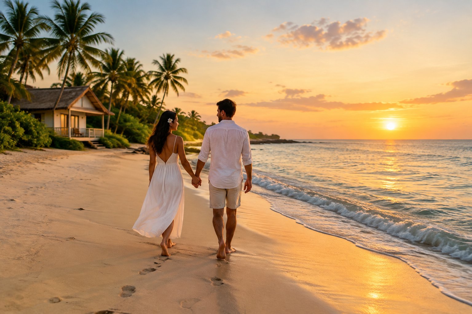 A newlywed couple holding hands while walking along an affordable tropical beach at sunset.