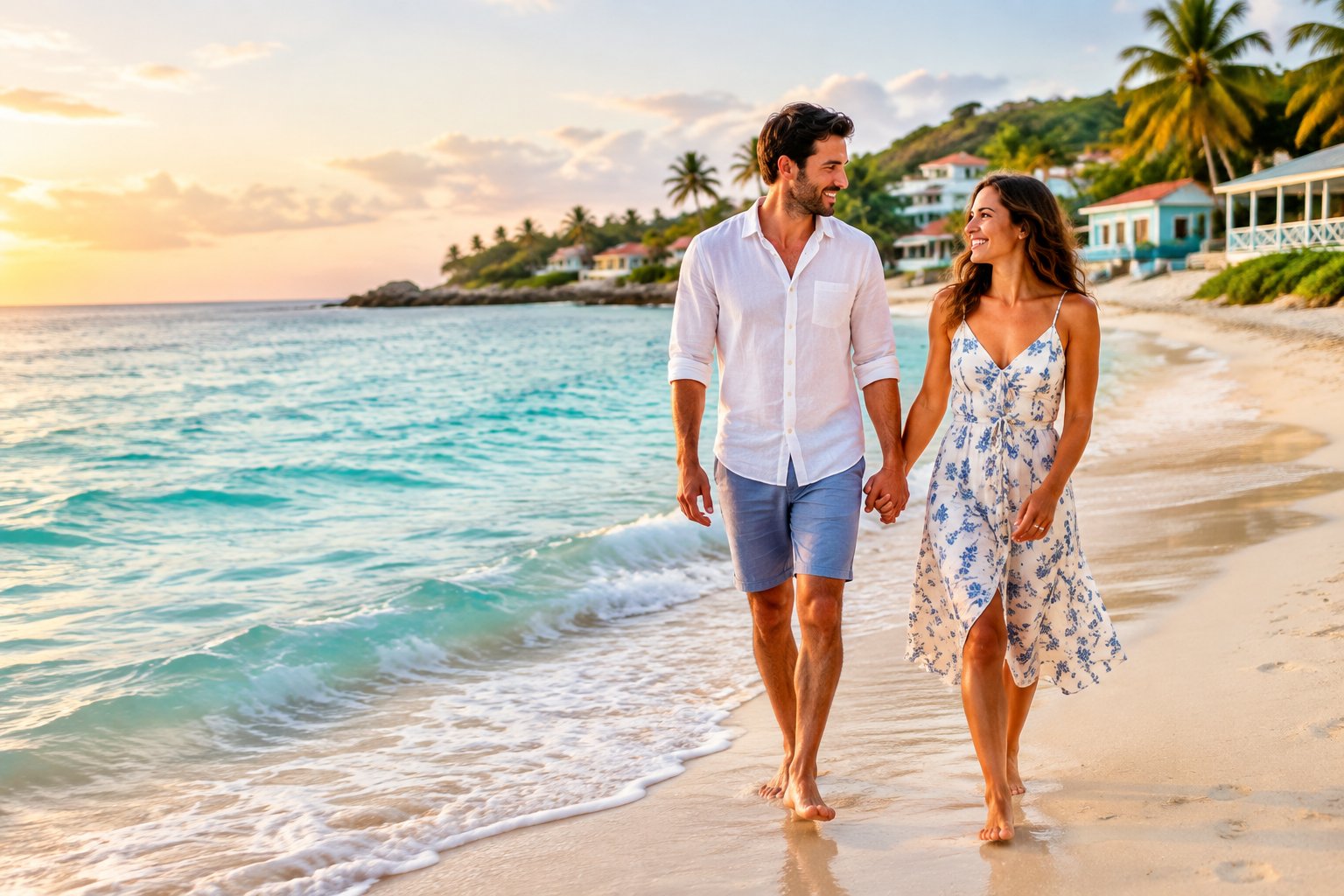 A newlywed couple walks hand in hand along a sunny tropical beach.