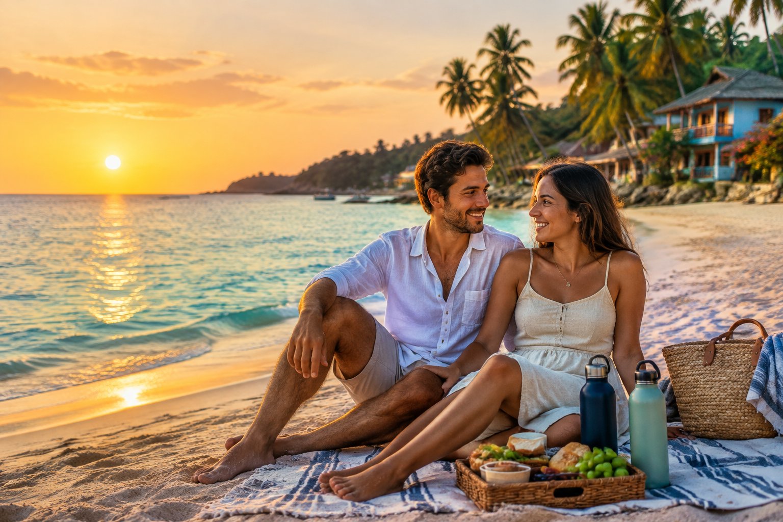 Newlywed couple enjoying a simple romantic beach picnic at sunset.