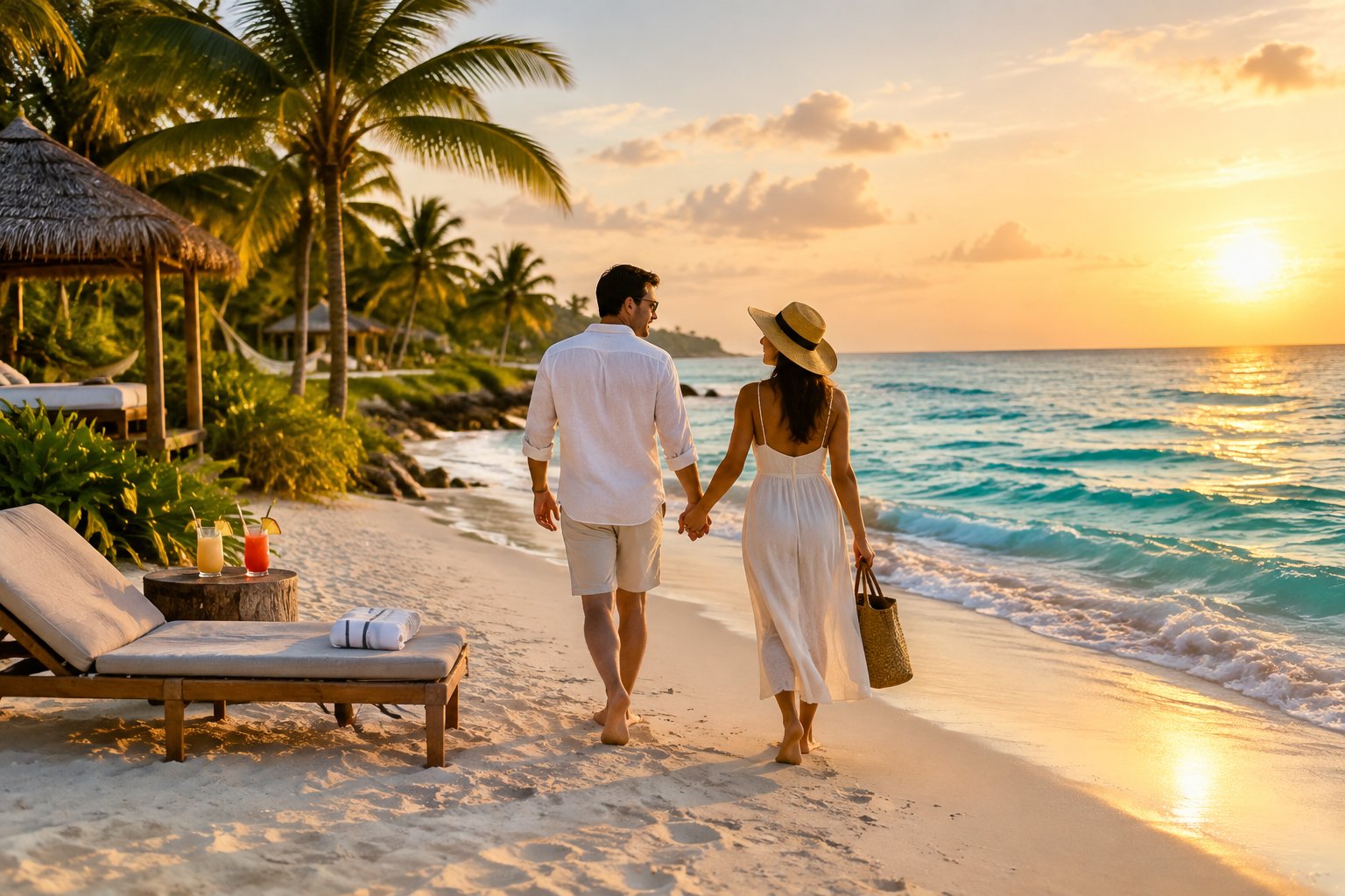 A newlywed couple walks hand in hand along a tropical beach at sunset.
