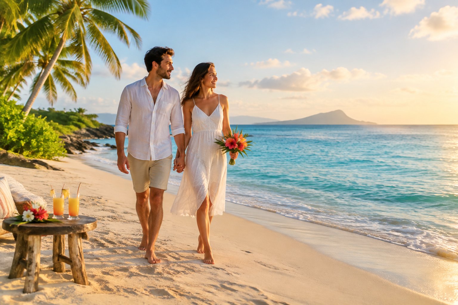 A newlywed couple walks hand in hand along a sunny tropical beach with palm trees and turquoise water.