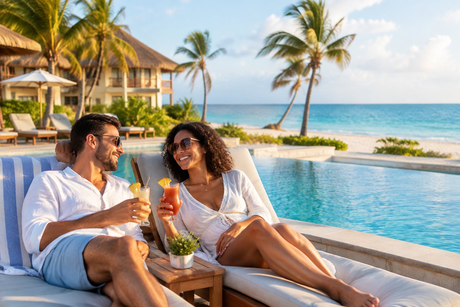 A newlywed couple relaxes beside a pool at a tropical beachfront resort.