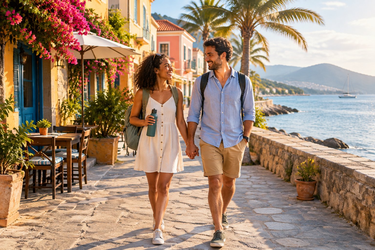 A newlywed couple walks hand in hand along a sunny coastal promenade in an affordable-looking international destination.