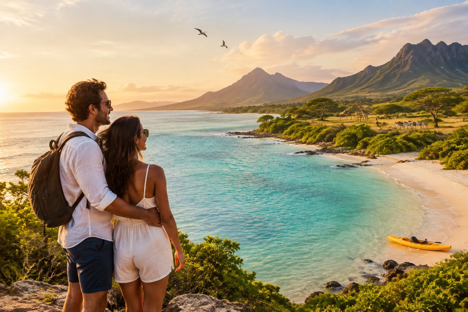 Newlywed couple enjoying a tropical coastline with a lagoon, distant mountains, and wildlife.