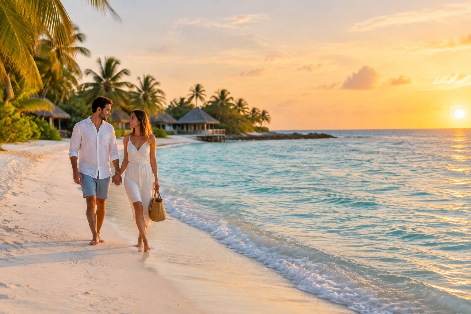 A newlywed couple walks hand in hand along a sunny tropical beach.