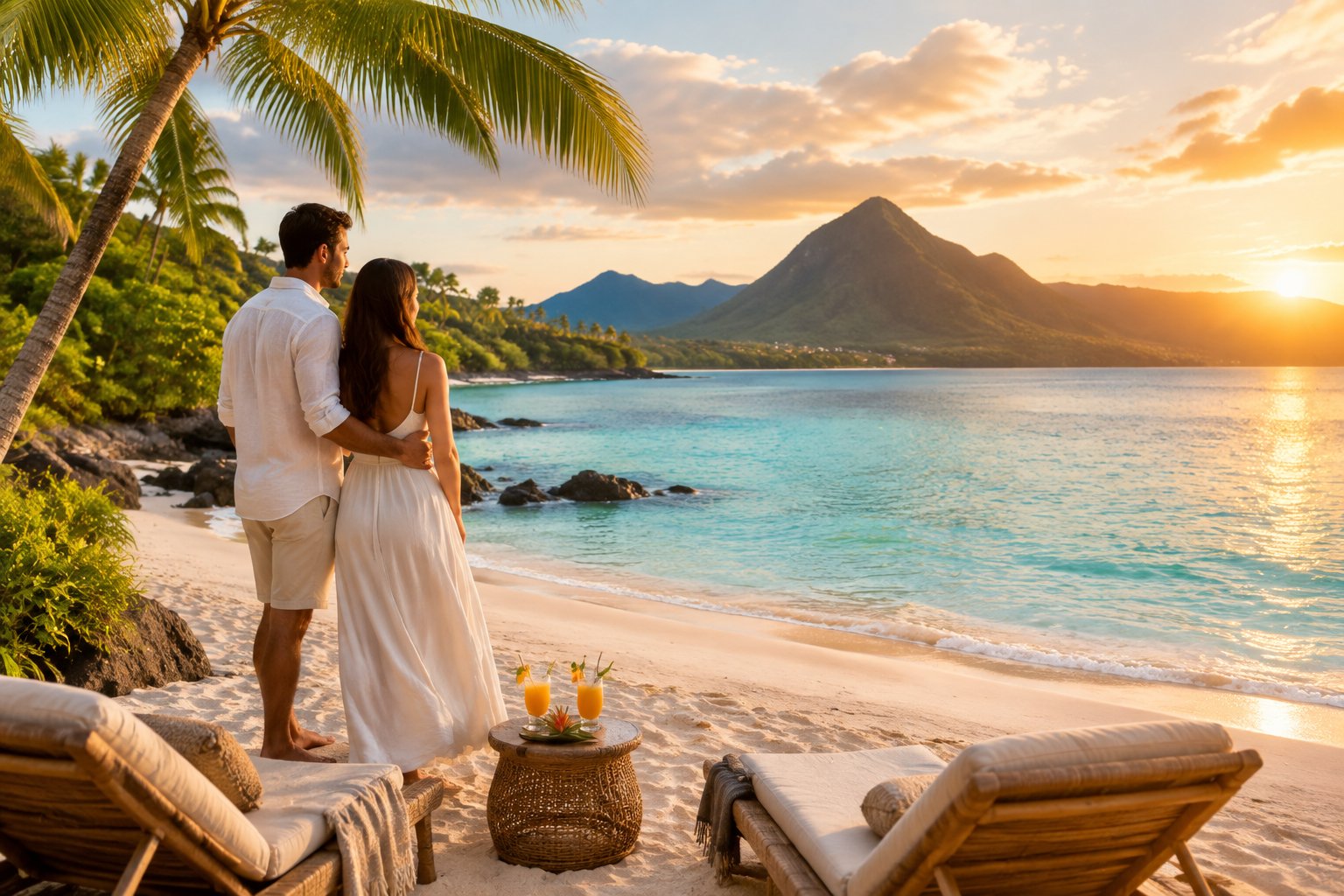 A newlywed couple enjoys a beautiful tropical beach with turquoise water and lush greenery at sunset.