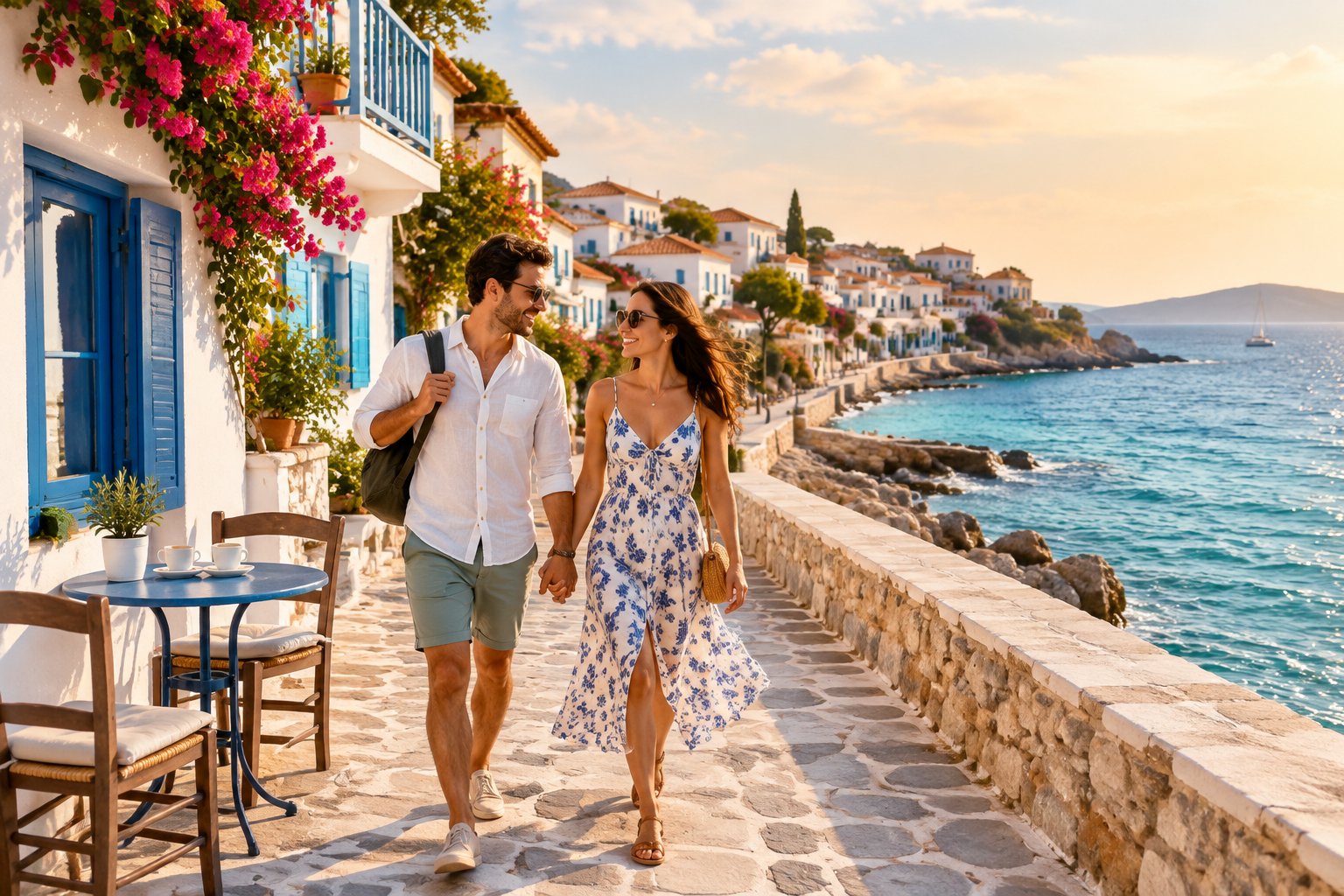 A newlywed couple walks hand in hand through a sunny Mediterranean coastal village beside the sea.