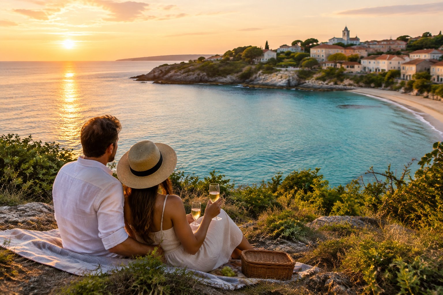 A newlywed couple overlooks a turquoise bay and beach at sunset.