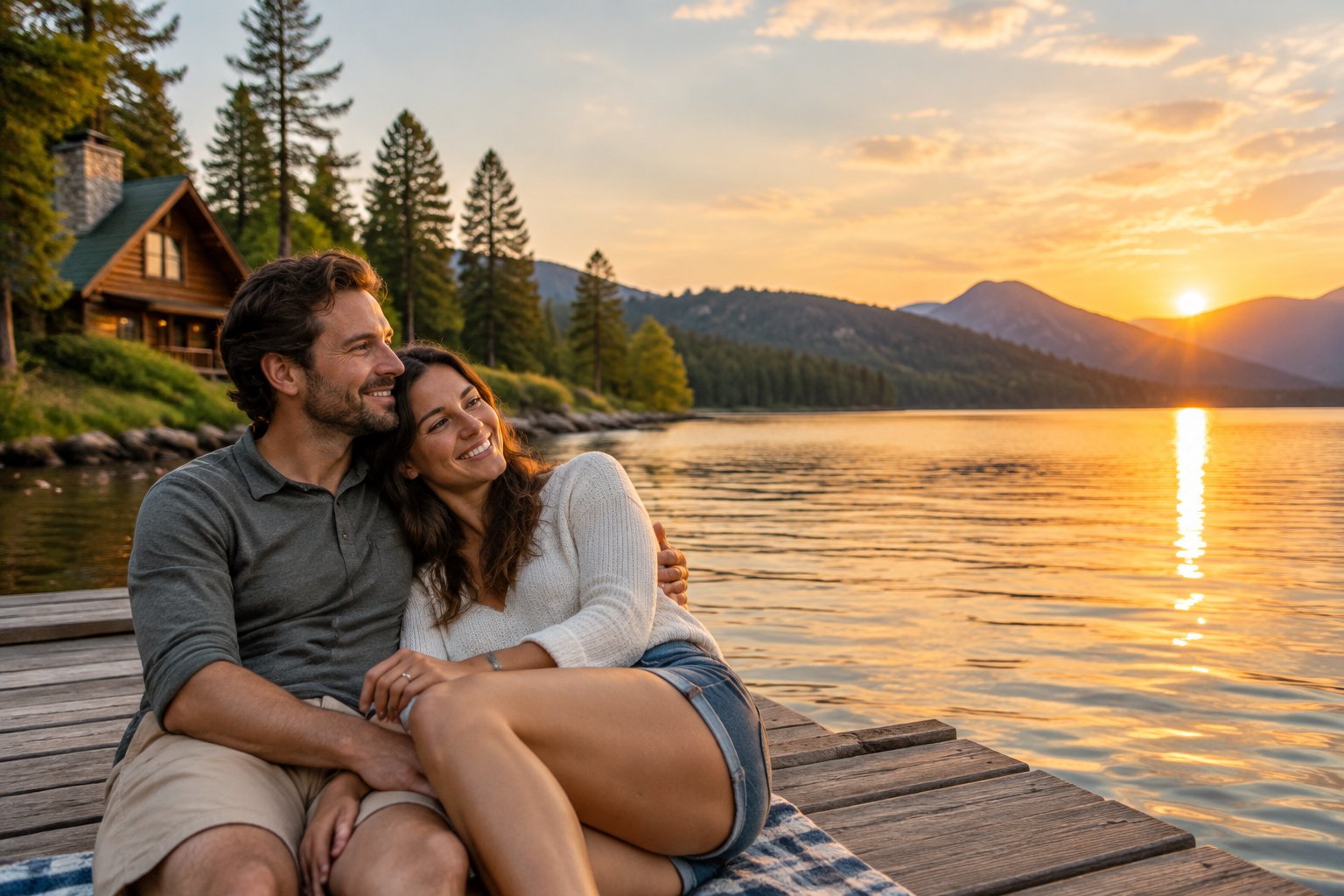 A newlywed couple enjoys a scenic lakeside retreat with mountains and a cozy cabin.