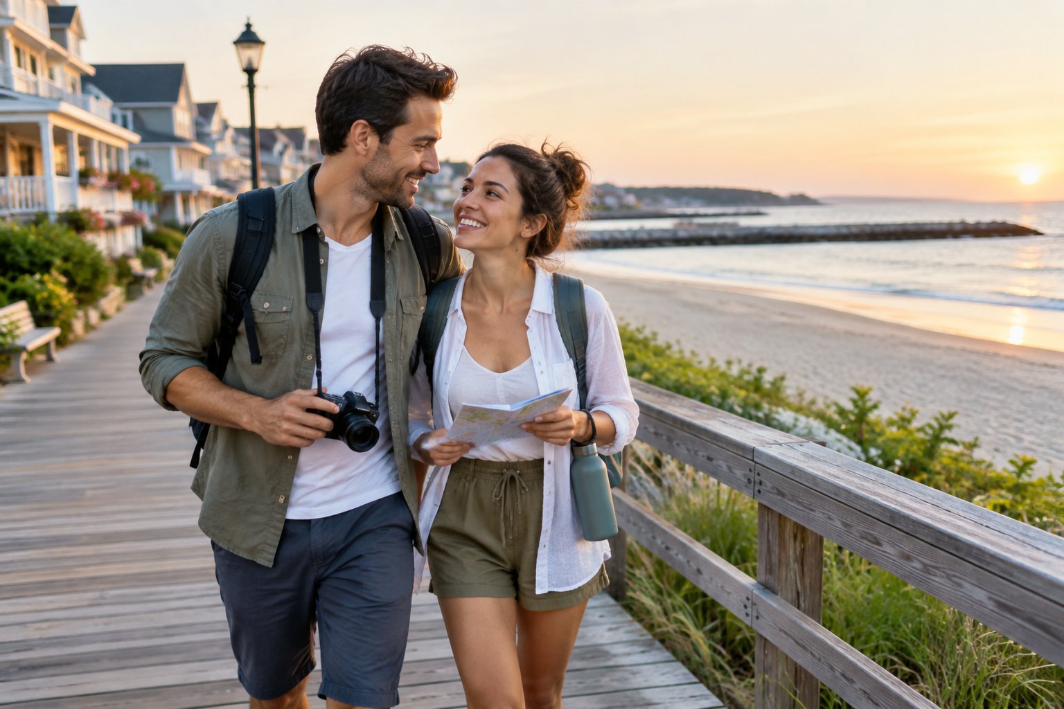 A newlywed couple enjoys a scenic coastal destination while carrying simple travel gear.
